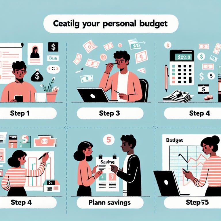 An infographic detailing a 5-step process for easily creating your personal budget in English. Step 1 could depict a person, possibly Hispanic male, brainstorming ideas with a paper and pen, step 2 a South Asian female using a calculator for calculations, step 3 could feature a Middle-Eastern male sorting out bills and receipts, step 4 a Black female planning savings visually on a chart and lastly, step 5 could show a Caucasian male reviewing the final budget on a computer screen.