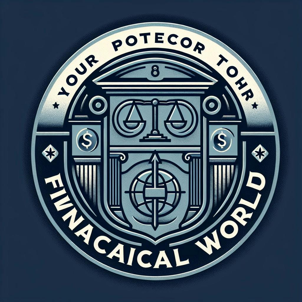 An image of a government agency shield or emblem with the text 'Your Protector in the Financial World' written under it. The shield should have elements representing finance like coins, vault doors, and balance scales. The color scheme to be used should be a mix of dark and light blue with metallic gray.