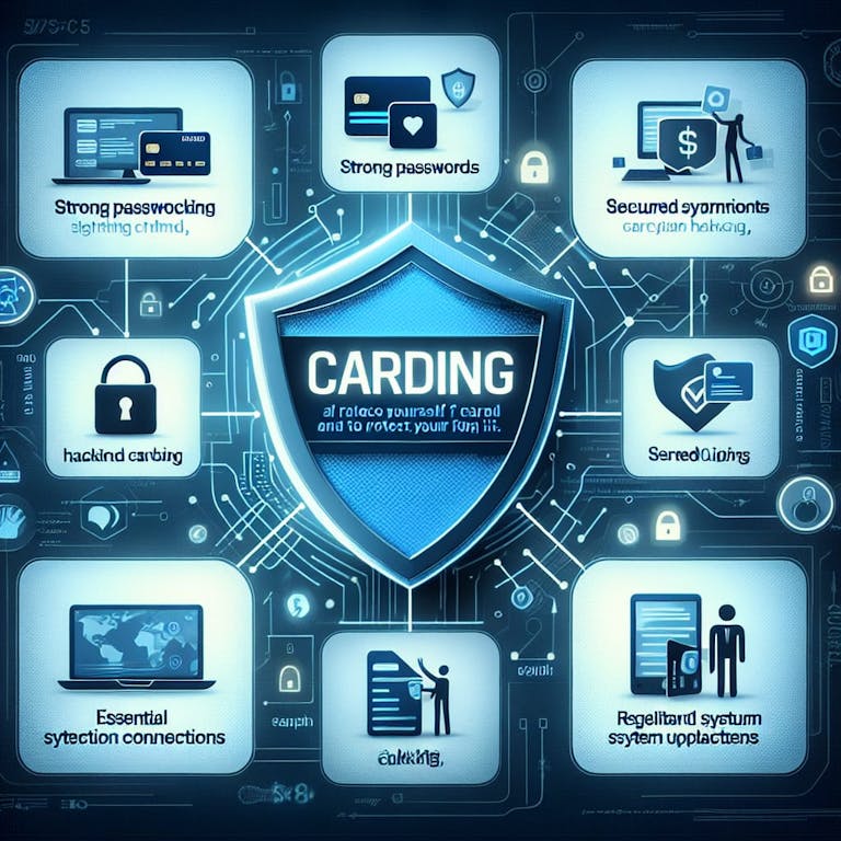 An image depicting the concept of carding and how to protect yourself from it. Show a visual representation of a digital security shield deflecting different hacking elements symbolizing carding attempts. Also, incorporate instructional visuals or texts referencing essential protection measures such as strong passwords, secured connections, and regular system updates.