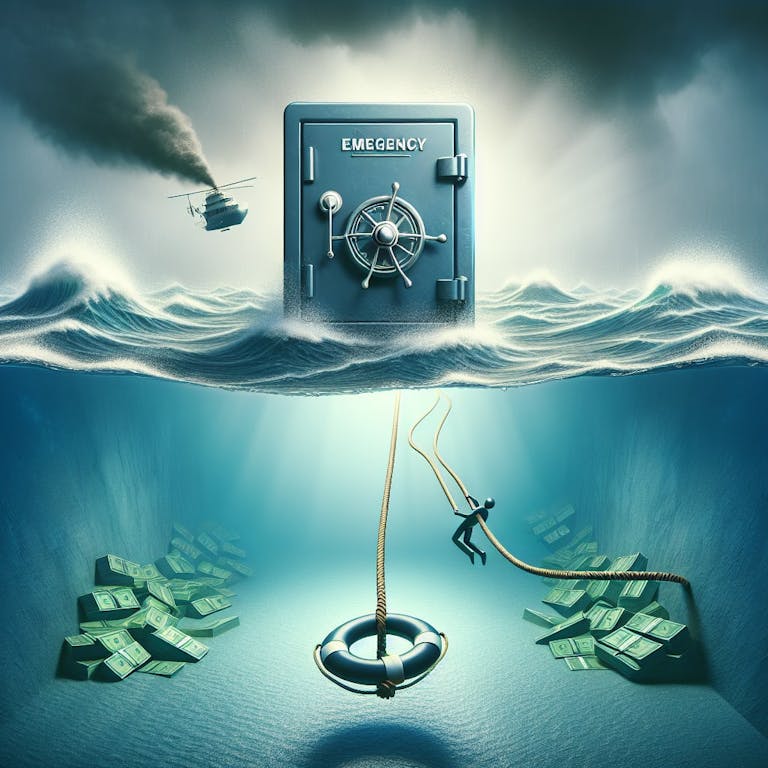 An in-depth depiction of the concept of 'The Importance of an Emergency Fund: Your Financial Lifesaver'. Imagine a scene with a large safe, symbolizing financial security, floating in the middle of a restless ocean, signifying life's unpredictabilities. A rope, acting as a lifeline, connects the safe to a distant, calm shore. This represents a pathway to stability, made possible by a well-maintained emergency fund.