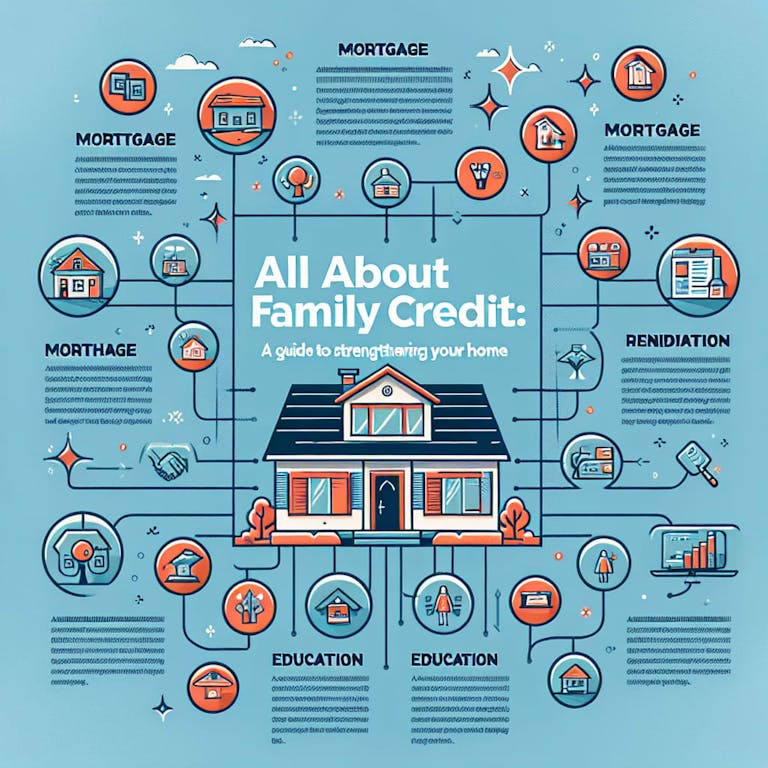 An informational diagram about Family Credits: A Guide to Strengthening your Home. The diagram shows various icons and tooltips relating to different aspects of family credit, such as mortgage, home renovation, education etc. The background is a soothing sky blue, with the icons in vibrant colors to stand out. There's an illustration of a sturdy home in the center, symbolizing financial stability. On the top in elegant serifs, the title 'All About Family Credits: A Guide to Strengthening Your Home' is written in bold.