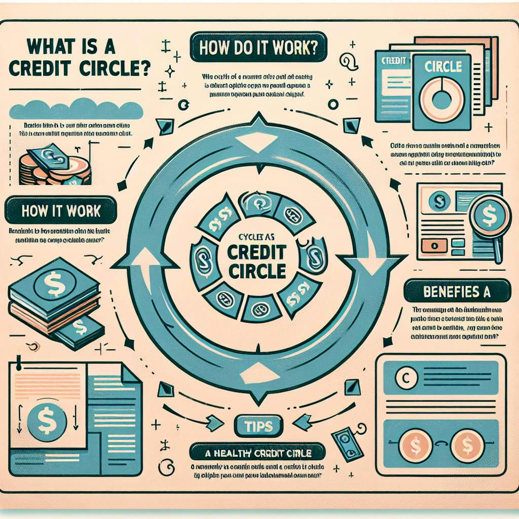 A basic guide to understanding the credit circle. This graphic layout includes sections such as 'What is a credit circle?', 'How does it work?', 'Benefits of a credit circle', and 'Tips for a healthy credit circle'. At the center of the layout, there is a circled, detailed diagram depicting the cycle of a credit circle, with arrows indicating the flow between different stages.