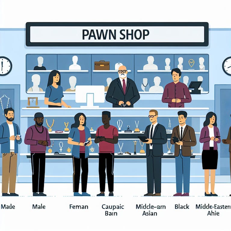 A depiction of a pawn shop and its operations. Would consist of interactions happening inside a typical pawn shop showing customers, male and female, of diverse descents such as Caucasian, Hispanic, Black, Middle-Eastern, South Asian, and White, engaging with the pawnbroker. They could be involved in various activities commonly associated with a pawn shop including negotiations for pawning or selling items, evaluating items' worth, and purchasing second-hand goods.