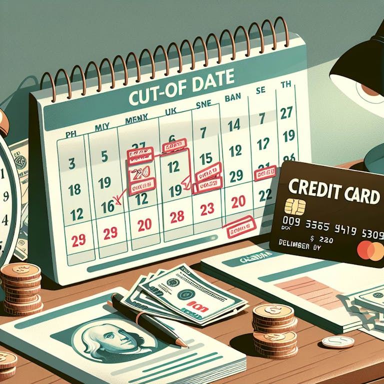An illustration depicting the process of understanding the cut-off date of your credit card. The scene contains a large calendar showing marked important dates related to the billing period. A credit card lays on the table next to it. Dollar bills, coins, and bank statements are scattered around. These all lie on a wooden desk with a lamp illuminating the items, so it suggests a setting of financial management or budget planning.