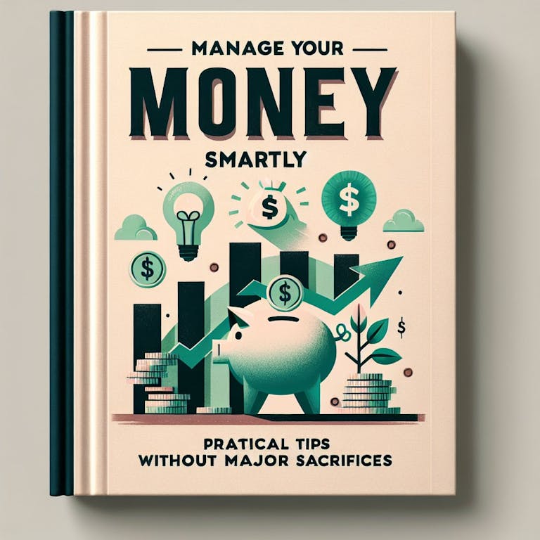 A book cover titled 'Manage Your Money Smartly: Practical Tips without Major Sacrifices'. The cover is simple and bold, with a large title in elegant font at the top, a subtitle underneath it in slightly smaller font. In the center, there's a conceptually illustrative art of a piggy bank, a light bulb symbolizing ideas, and a green upward graph symbolizing growth. These elements depict the theme of smart money management and growth without major sacrifices. The background color is a subtle tone to compliment the boldness of the text and graphics.