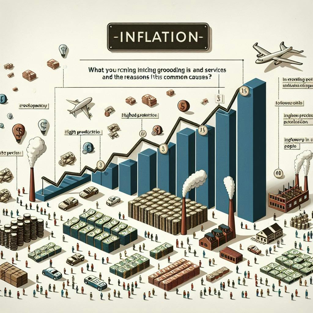 A visual representation of inflation: what it is and the reasons behind its occurrence. Show a linear graph rising progressively higher over time to symbolise the increasing value of goods and services, alongside stacks of currency to illustrate the increasing monetary supply. Depict some common causes such as high production costs and increased demand, represented by a factory with smoke billowing out and crowds of people respectively. Include text labels in English to indicate the various elements of the image.