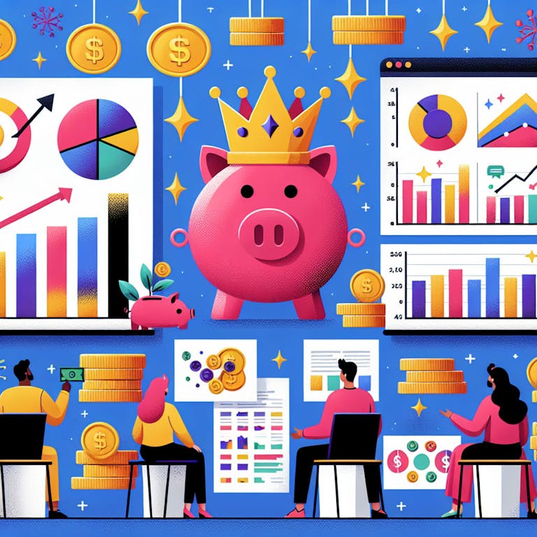An educational scene presenting helpful financial tips on how to manage your money wisely during Epiphany Day (Día de Reyes), represented through comprehensive and colorful infographics and money-saving icons. This could include visuals of piggy banks, stacks of coins, financial charts, and a playful representation of the Three Kings observing and learning about these financial strategies.
