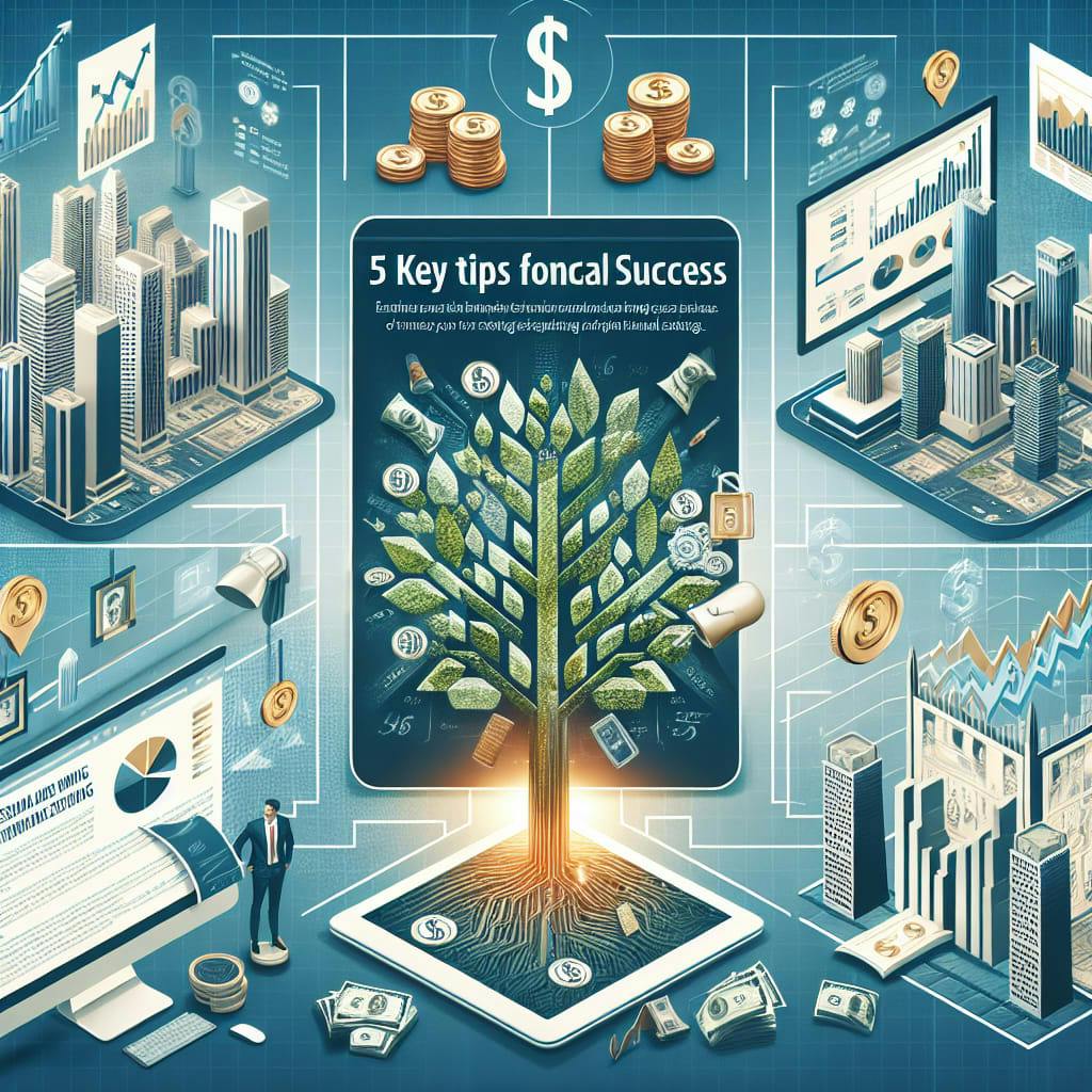 An image that includes a banner with the text '5 Key Tips for Financial Success' in elegant fonts, set against a well-established financial setting. Examples include an aerial view of the business district with multiple skyscrapers, scenes from stock exchanges, or abstract symbolism such as a growing tree made of coins. There are also the visuals of a blog named 'Creditozen Blog' with accompanying related imagery like a computer or digital tablet displaying the blog.