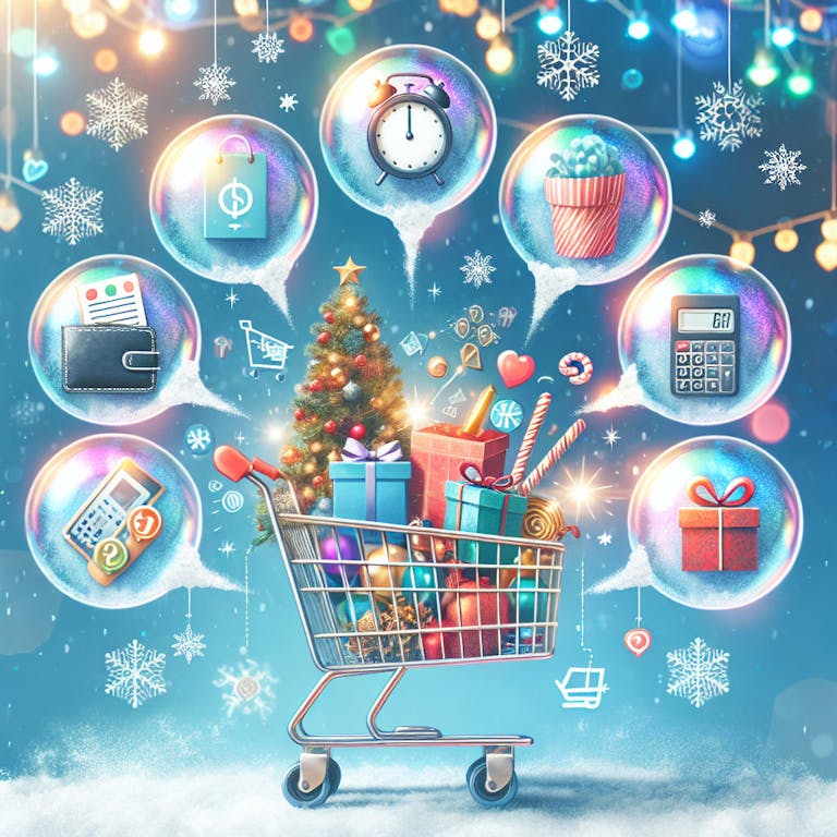 An image representing '6 Essential Tips for Successful Christmas Shopping'. Imagine a shopping cart overflowing with festive items like gift boxes, colorful string lights, and holiday sweets. Add a vibrant backdrop of decorated Christmas tree and the air filled with snowflakes, radiating the holiday spirit. On the corners, illustrate soft, translucent bubbles showcasing the symbols of the six tips: a clock (symbolizing time management), a list (planning), a wallet (budgeting), a calculator (price comparison), a map (store location), and a gift box (thoughtful gifting).