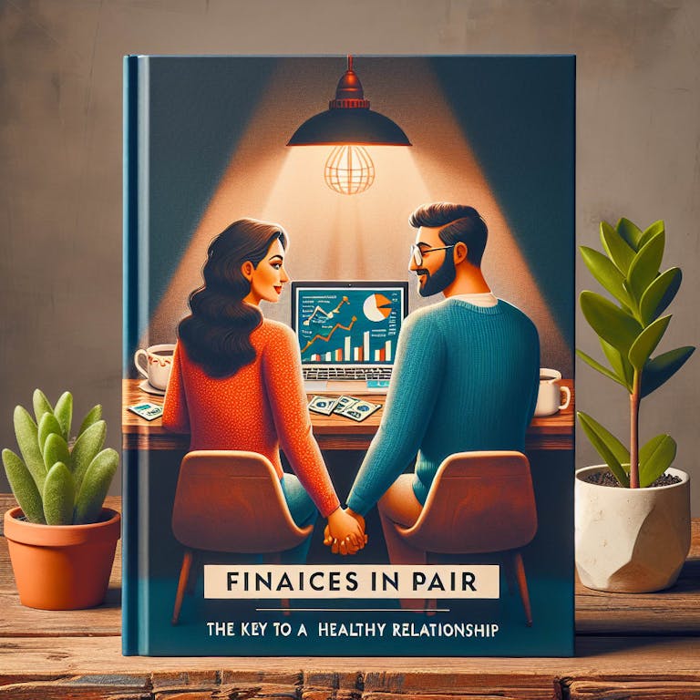 A book cover titled 'Finances in Pair: The Key to a Healthy Relationship'. The cover artwork features a Middle-Eastern man and a Hispanic woman holding hands while looking at a laptop screen that displays various financial graphs and charts. They are seated at a rustic wooden table with a retro style lamp light casting a warm glow over them. A small green indoor plant sits on the table, hinting towards growth and prosperity.