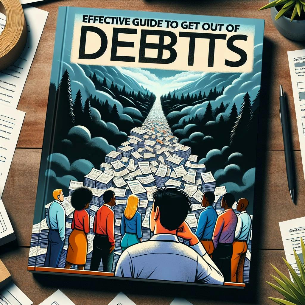 An illustrative guidebook titled 'Effective Guide to Get Out of Debts'. On the cover, it could feature an image of a stressed-out person pondering over heaps of bills and paperwork on a table. In front of them, there is a bright, clear path leading out of a dark and cloudy forest, symbolizing the escape from debt. The diverse peoples walking on the path are racially and gender diverse, showing males and females of varying descents like Caucasian, Hispanic, Black, Middle-Eastern, South Asian successfully navigating their way out of debt.
