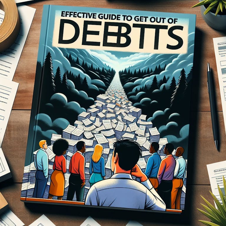 An illustrative guidebook titled 'Effective Guide to Get Out of Debts'. On the cover, it could feature an image of a stressed-out person pondering over heaps of bills and paperwork on a table. In front of them, there is a bright, clear path leading out of a dark and cloudy forest, symbolizing the escape from debt. The diverse peoples walking on the path are racially and gender diverse, showing males and females of varying descents like Caucasian, Hispanic, Black, Middle-Eastern, South Asian successfully navigating their way out of debt.
