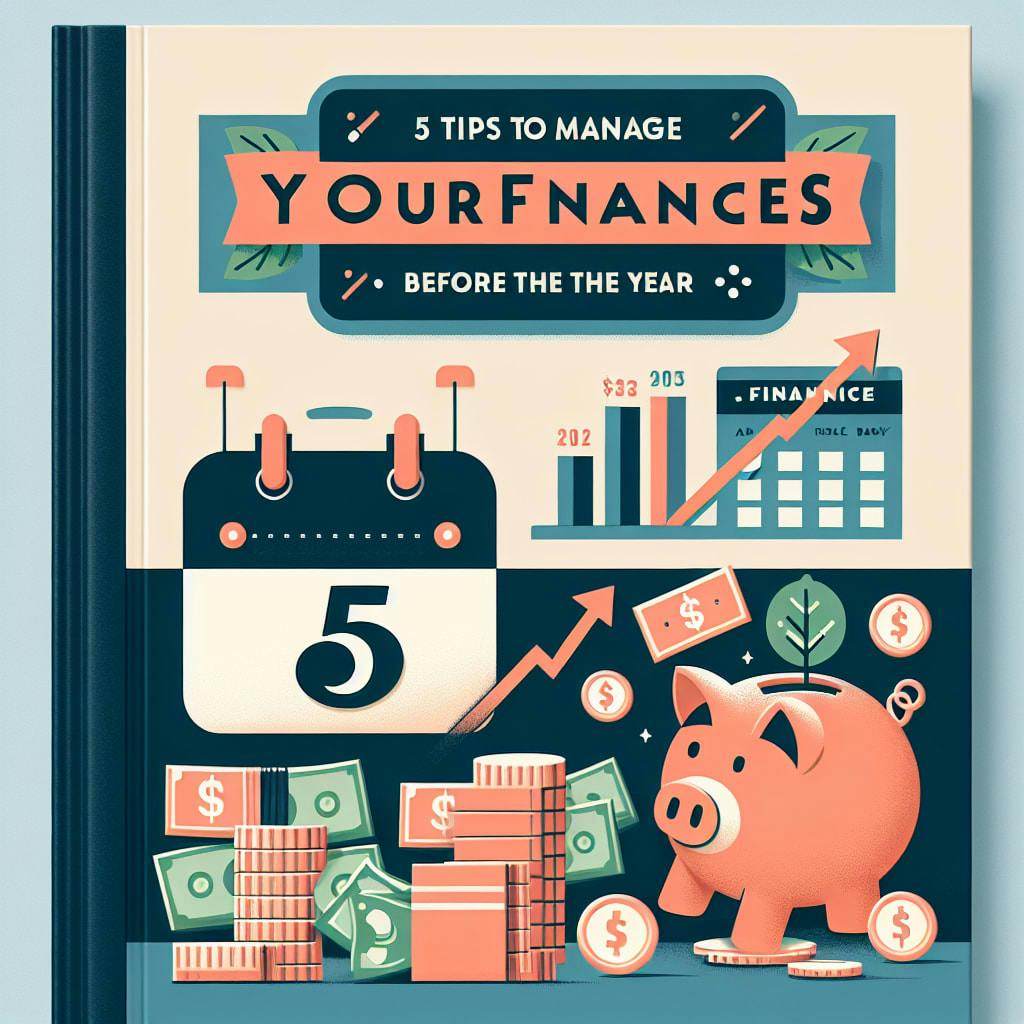 Cover of a financial advice book named '5 Tips to Manage Your Finances Before the End of the Year' featuring an illustration of a piggy bank, dollar bills, a calendar counting down the last days of the year, and a financial chart showing a positive trend.