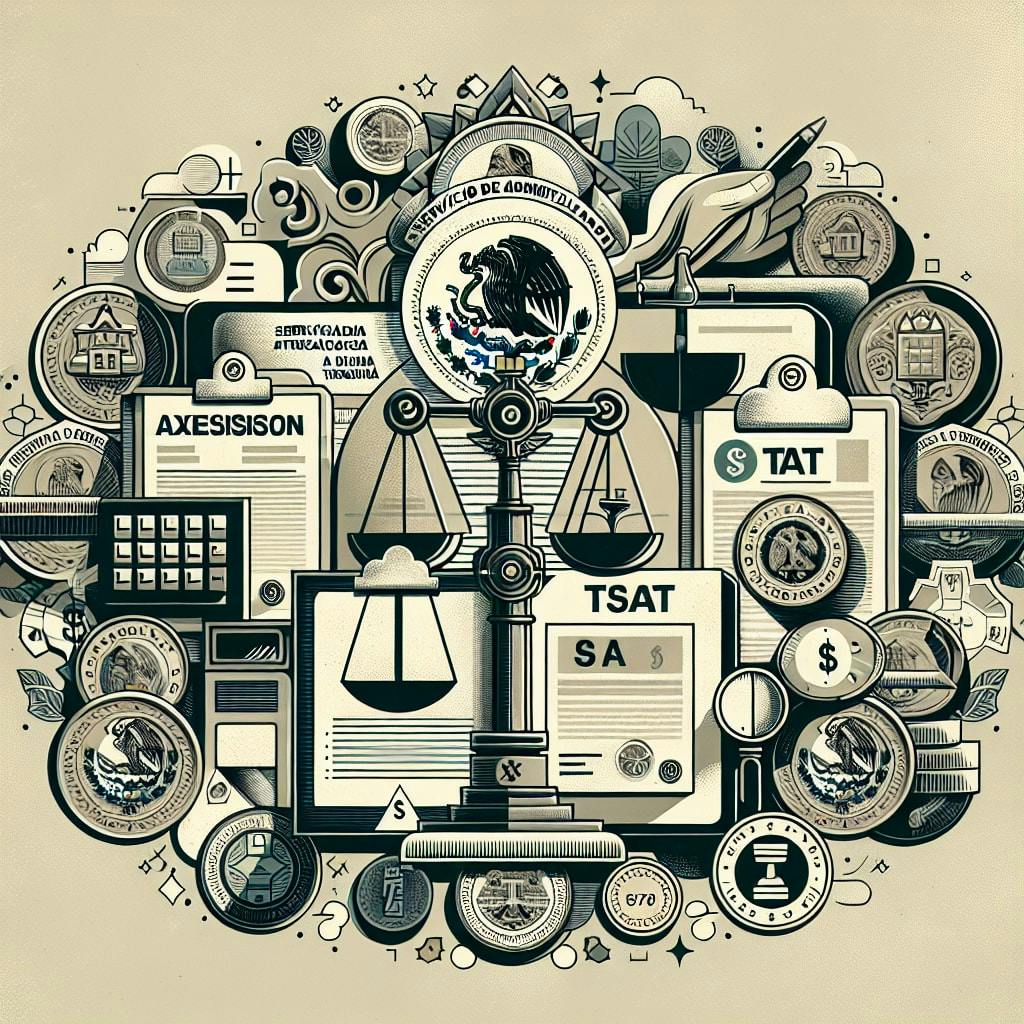 An illustration representing the 'Servicio de Administración Tributaria' (SAT): Its functions and role in Mexican taxation. The design is a visual metaphor inclusive of elements such as tax forms, official seals, scales of justice, and currency symbols to represent the fiscal structure and regulations. All set against a background mimicking the design elements found on Mexican legal documents.