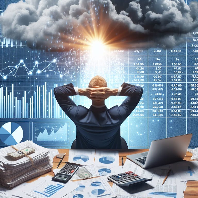 Image illustrating the concept of 'Effectively Managing Financial Stress'. The scene shows a serene person seated at a desk surrounded by financial documents, a calculator, and a laptop displaying charts. They are breathing deeply, their focus evident, drawing strength from a visualization of stress leaving their body. Nonetheless, the burden of financial responsibilities represented by storm clouds overhead, but a bright sun shining through to symbolize hope and effective stress management.