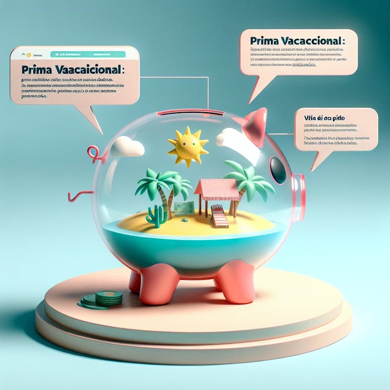 An illustration conveying the concept of 'Prima Vacacional: What it is and When it is Paid'. Visualize a small sunny tropical island within a transparent piggy bank, symbolizing the 'holiday premium' savings. Include text bubbles explaining what 'Prima Vacacional' is and when it is paid. Make sure it's easy to understand and visually appealing.