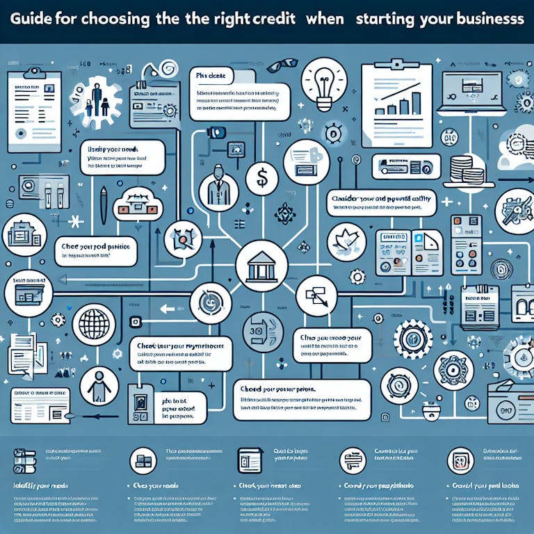 A detailed infographic in English titled 'Guide for Choosing the Right Credit When Starting Your Business'. It includes various icons representing different types of loans and credit, a flowchart showing the decision-making process, and some helpful tips like 'Identify your needs', 'Check the interest rates', and 'Consider your repayment capacity'.