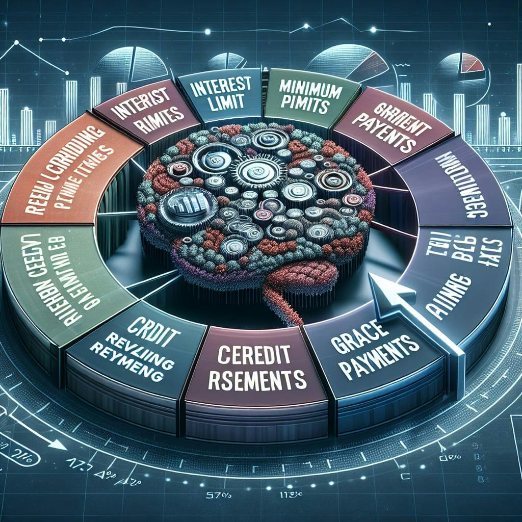 A comprehensive guide on effectively managing revolving credit smartly. It displays a dynamic wheel, the symbol of revolving credit. The wheel contains different sections, each depicting a major aspect of credit like interest rates, credit limit, minimum payments, grace period, etc. Each section is linked to a small brain symbol, highlighting the intelligence element. On the backdrop, there are faint images of a stacked bar graph and pie chart showing credit usage and balance. The whole composition represents the smart usage of credit.