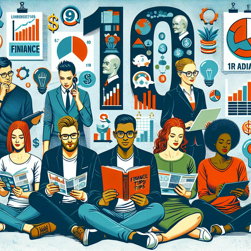 An image visualizing 'Finance for Millennials: 10 Practical Tips'. In the foreground, there's a diverse group of millennial-aged individuals who appear engaged and interested. This includes a Caucasian female with ginger hair reading a book titled 'Finance Tips', a South Asian man with glasses and a goatee who's busy analyzing a set of printed financial charts, a black woman with curly hair who's attentively typing on a laptop, and a Hispanic man, with a beard and short hair, holding a discussion over a pie chart. Behind them, a large '10' highlights 10 various images symbolizing practical financial tips.