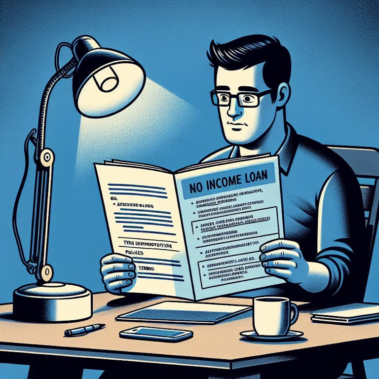 A detailed illustration of a person sitting at a table with a desk lamp, reading through a document titled 'No Income Loan'. The paper contains articulations of policies, terms, and conditions. The man, who is of Hispanic descent, is looking a little confused but hopeful. He has a short black hair, is wearing glasses, and is in his early 40s. The setting seems to depict a typical evening home setting, with a cup of coffee next to the document.