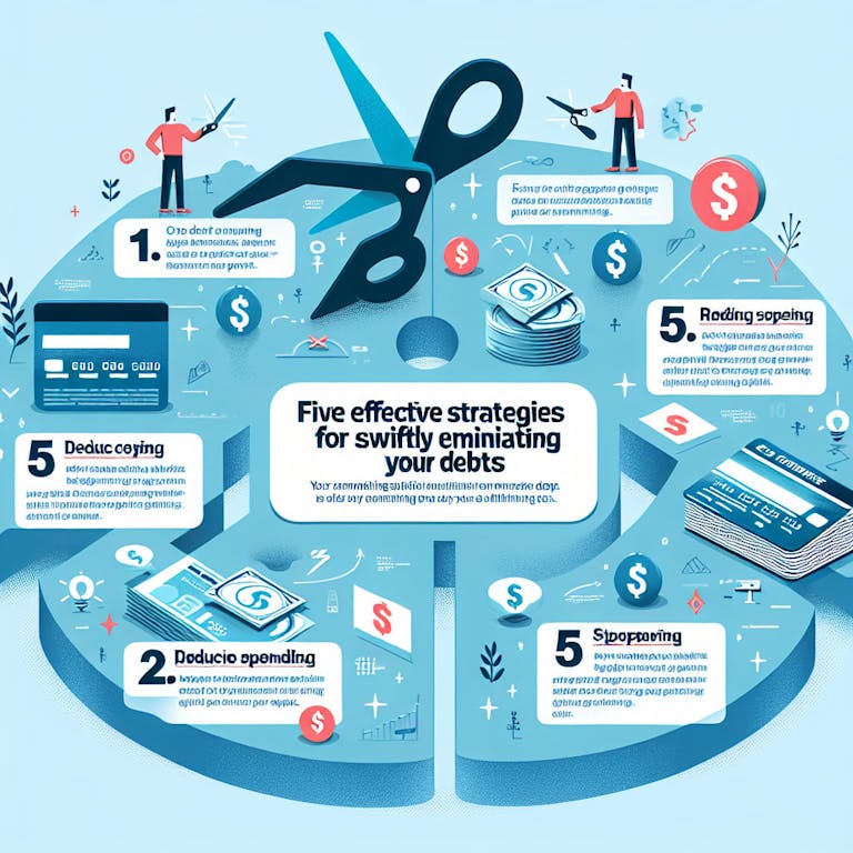 An infographic illustrating five effective strategies for swiftly eliminating debt. The infographic includes clear, concise points accompanied by relevant symbols. The first point, for example, might be depicted by a pair of scissors cutting through a credit card to symbolize the idea of reducing spending. The whole scene is set against a light blue background with the title 'Five Effective Strategies for Swiftly Eliminating Your Debts' at the top in bold, eye-catching letters.