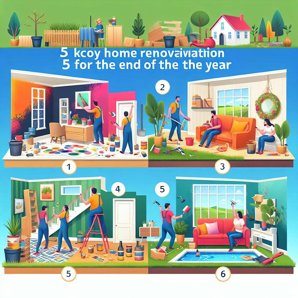 An image featuring five key tips for renovating your home at the end of the year. The scene is divided into five sections, each representing one tip. One part shows vibrant new paint being applied to walls, another depicts the process of decluttering, a third shows new furniture being brought in, the fourth illustrates landscaping changes in the yard, and the final one shows a celebratory scene of the completed changes with the family happily utilizing the renewed space. The title '5 Key Home Renovation Tips for the End of the Year' is clearly labeled at the top of the image.