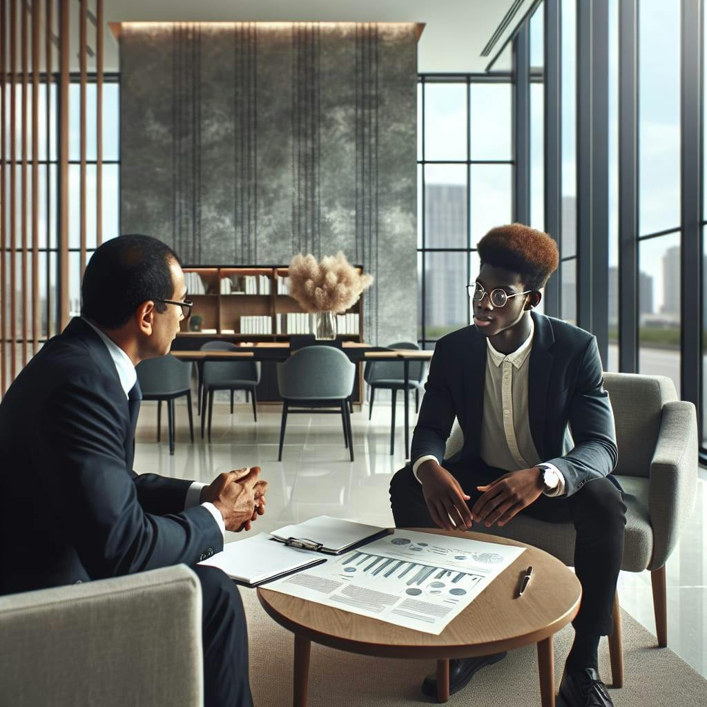 Imagine a hopeful entrepreneur of Black descent sitting in a bank, his business plan spread out before him as he explains his vision to a banking officer. The entrepreneur is wearing a smart-casual outfit and the banking officer, a South Asian woman, is attentively listening, her corporate attire bespeaking her position. The spacious room is filled with the calm ambiance of a professional setting, decorated with minimalist furniture, well-lit and with a large window overlooking the city skyline.