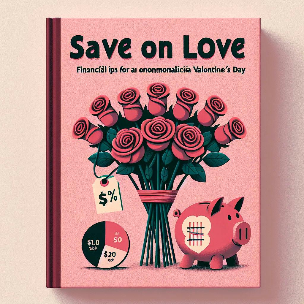A depiction of a Spanish book cover titled 'Save on Love: Financial Tips for an Economical Valentine's Day'. The cover features a modest bouquet of roses with a price tag hanging off it, a piggy bank in the shape of a heart, and a pie chart displaying a budget for a Valentine's day celebration. The background color is a light shade of pink, symbolic of Valentine's day, and the typography is elegant yet simple, inviting readers to learn how to be economically savvy while celebrating love.