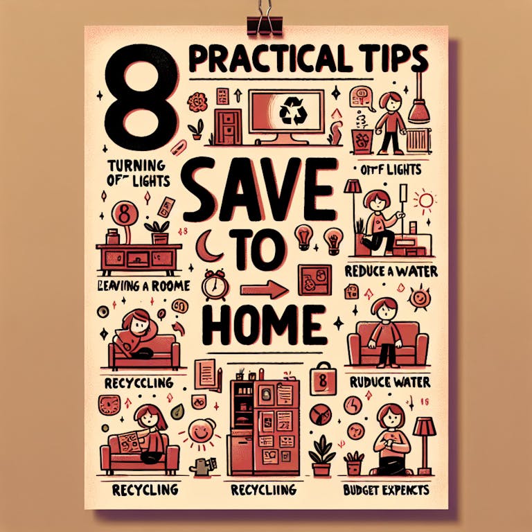 Drawing of a poster imparting '8 Practical Tips to Save at Home' in stylish typography. Surrounding the title, illustrate eight small cartoons that portray different ways to save, for instance, turning off lights when leaving a room, reducing water usage, recycling, budgeting expenses, etc. The background should have a warm, inviting hue, and the cartoon drawings should be light-hearted and engaging to keep the viewers interested.