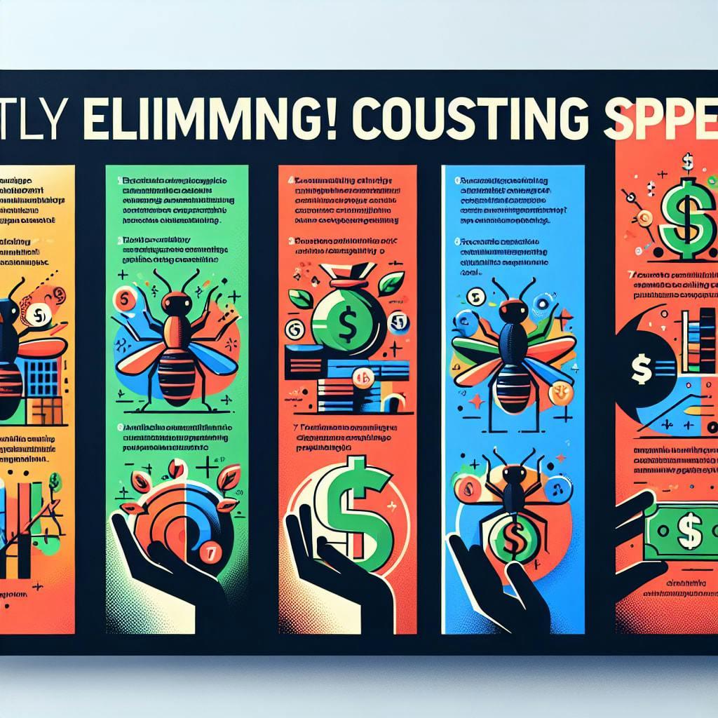 An illustrative banner displaying seven essential tips for efficiently eliminating costly ant expenses. The banner is divided into seven sections, each highlighting a unique tip with related graphics. The color theme of the banner is a blend of bright and contrasting colors to draw attention. Each tip's illustration symbolically represents the idea, making it easy to understand the potential savings. For instance, one section could display a giant ant carrying a dollar sign being stooped by a hand indicating the resistance against unnecessary spending.