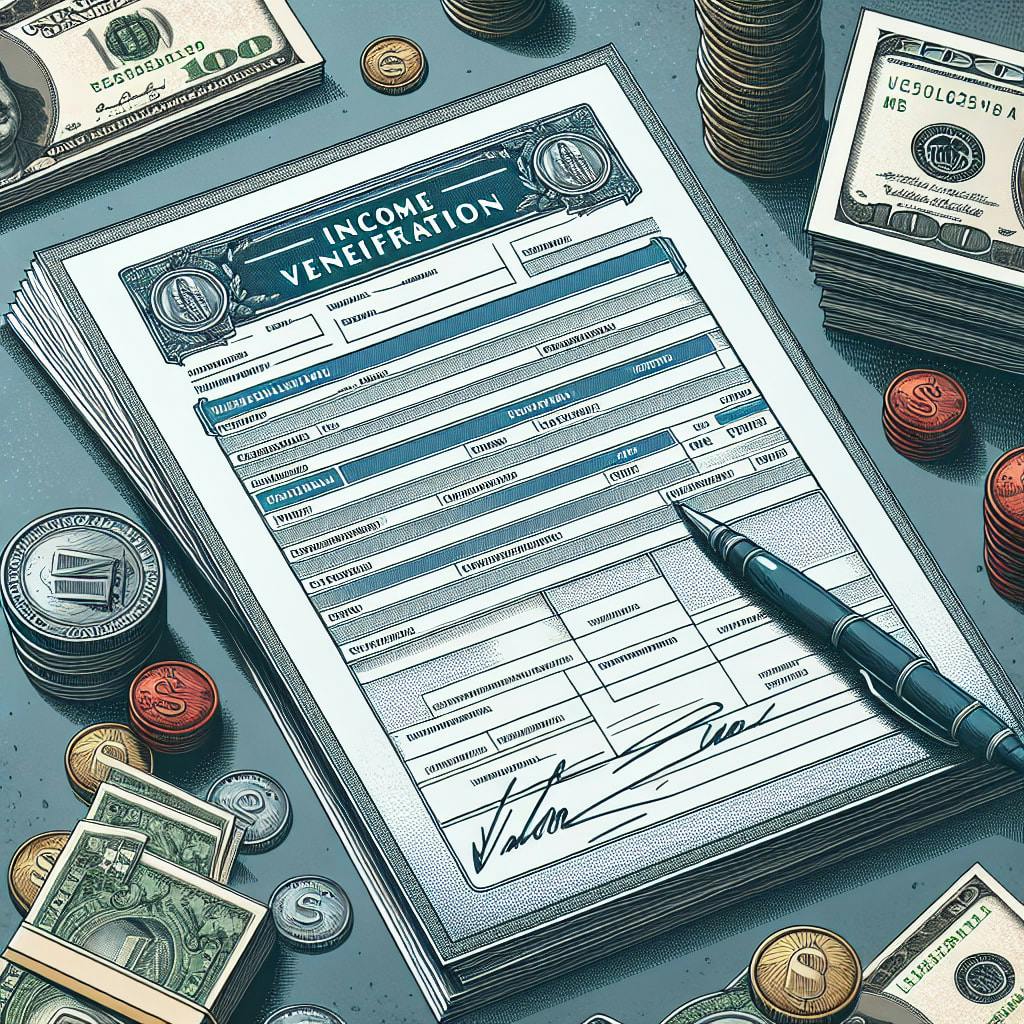 A detailed illustration of an 'Income Verification' document, showcasing its various sections such as personal information, income details, and signature. The document is surrounded by money bills and coins, symbolizing financial stability and wealth. The background subtly points to the importance of having an income verification in maintaining financial health.