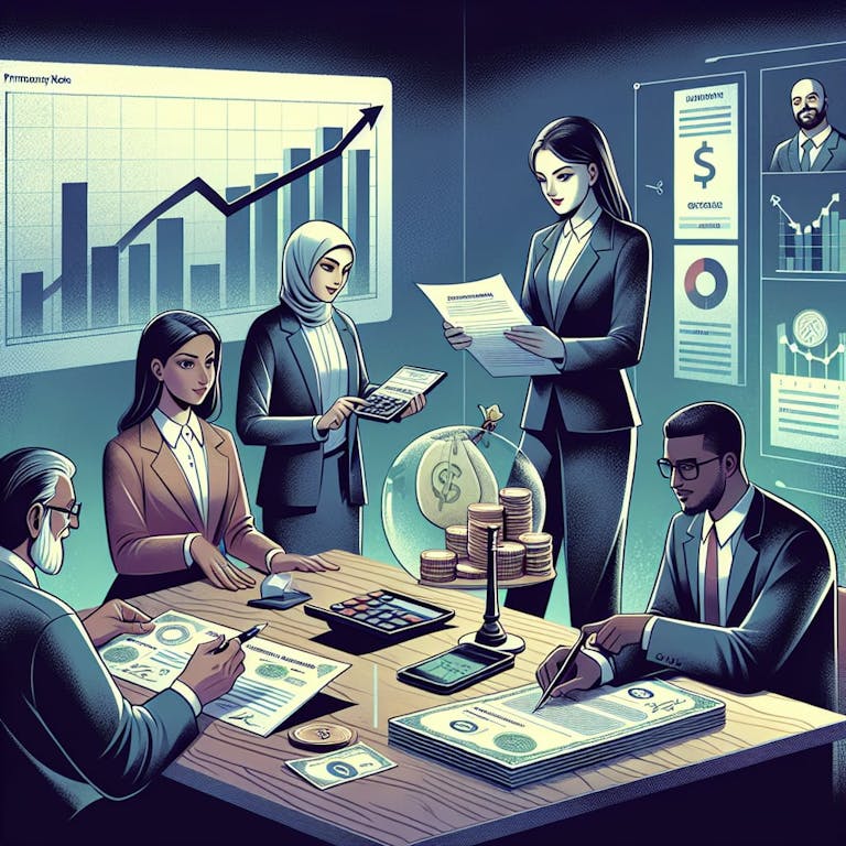 An illustration presenting the concept of a promissory note titled 'Understanding its Function and Use in Finance'. The scene includes a variety of individuals: a South Asian female banker explaining the details of the promissory note to a Caucasian male entrepreneur; a Middle-Eastern female accountant calculating the interest on a laptop; a Black male lawyer examining the legal aspects of the document; and a Hispanic female investor observing the scene with interest. The background features a financial chart showing the growth trend on a large screen, with stacks of promissory notes on a table.