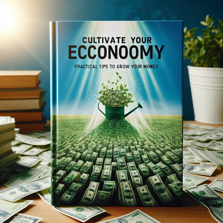 A book cover titled 'Cultivate Your Economy: Practical Tips to Grow Your Money'. The book cover features a vibrant, ripe field of green dollar bills instead of crops, under a clear blue sky with the sun shining brightly. The title and subtitle are boldly written in white font at the top, and there's a small illustration of a watering can at the bottom, symbolizing nurturing and growth.