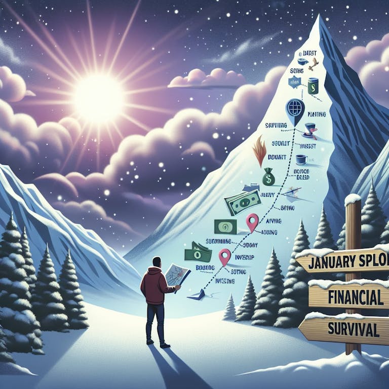 An image depicting the concept of 'January Slope': a visual guide to financial survival. The scene could include a steep, snowy mountain representing challenges of the new year, with a person standing at the bottom holding a map or compass. The map might depict various financial icons and waypoints symbolic of budgeting, saving, and investing. The individual should project an aura of determination and grit. Perhaps also include some hopeful elements, like a sunrise on the horizon, which signifies the possibility of overcoming these challenges.