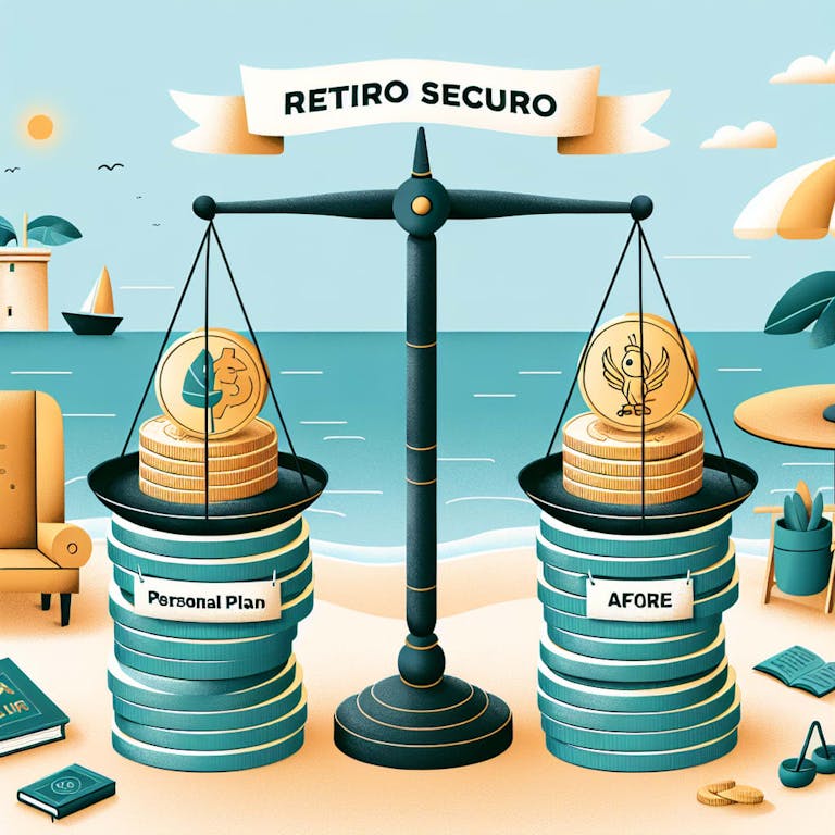 A visual comparison between a Personal Retirement Plan and an AFORE. Two stacks of coins are labelled; one with 'Personal Plan' and the other with 'AFORE'. In the middle, a balance scale weighs the advantages and disadvantages of both. Around the scene, subtle elements of retirement - a peaceful beach scene, a comfortable armchair, a book - are subtly woven in. Above, a banner reads 'Retiro Seguro'.