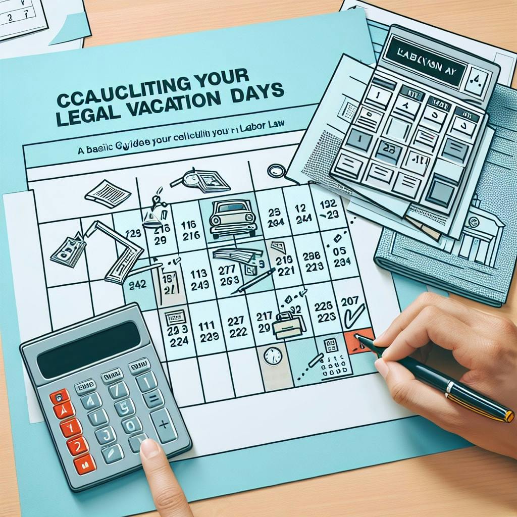 A basic guide to calculating your legal vacation days: Visible on the image are exemplified steps such as marking a calendar for the number of working days, using a calculator to compute days and a representation of the labor law document for reference. The overall theme is professional but with a friendly and accessible vibe to help simplification.